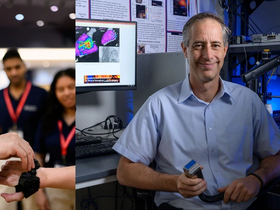 Collage. Zong-Ming Li adjust his wrist brace and Russell Witte poses in a lab.