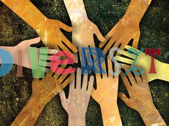A graphic design of different colored hands coming together in the center, with the word "Diversity" over the top.