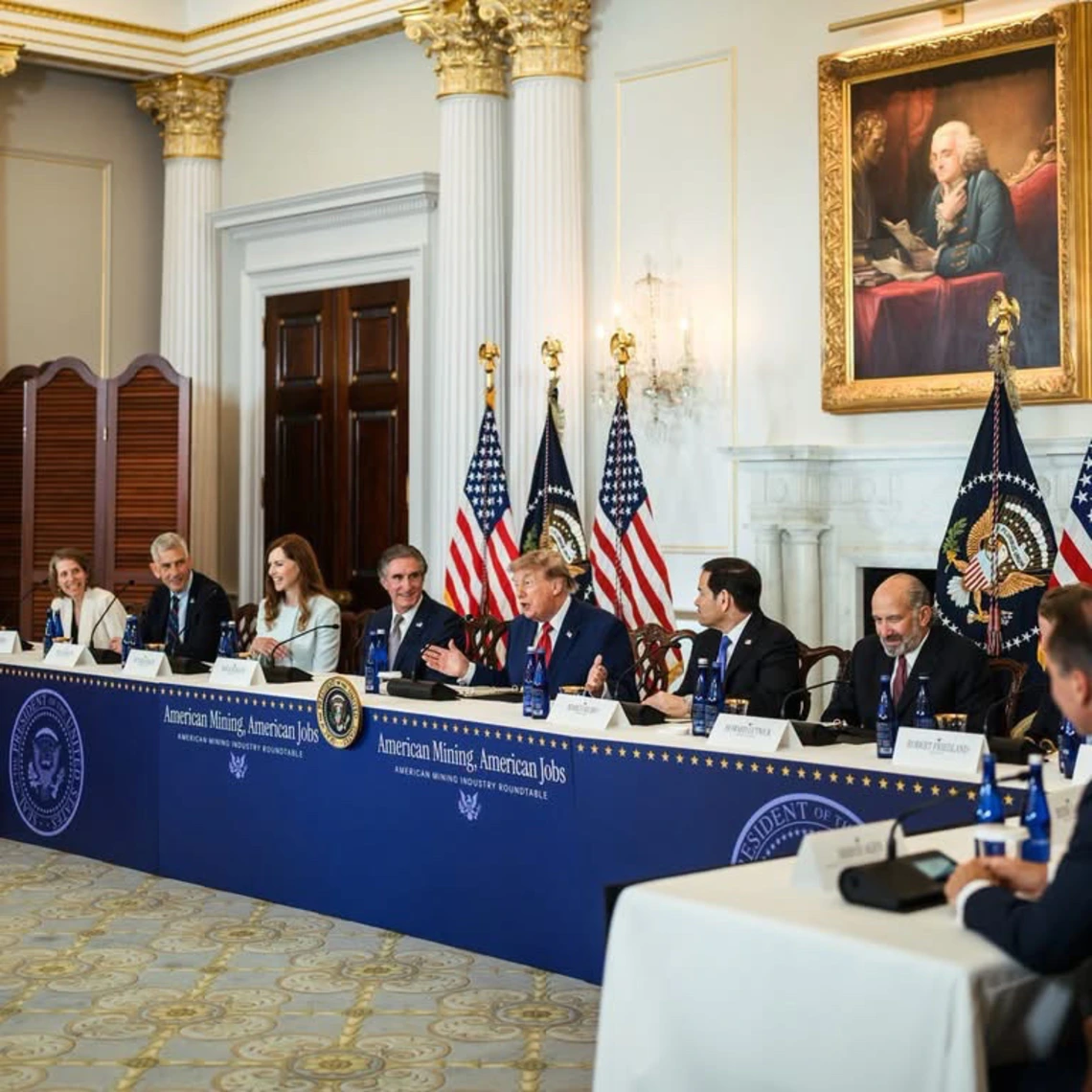 People sit at a government roundtable with the president.