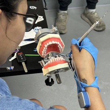 A person wears a blue glove and holds a dental instrument.